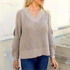 Leith Gray Chunky Knit V-Neck Sweater with Arm Cutout Details